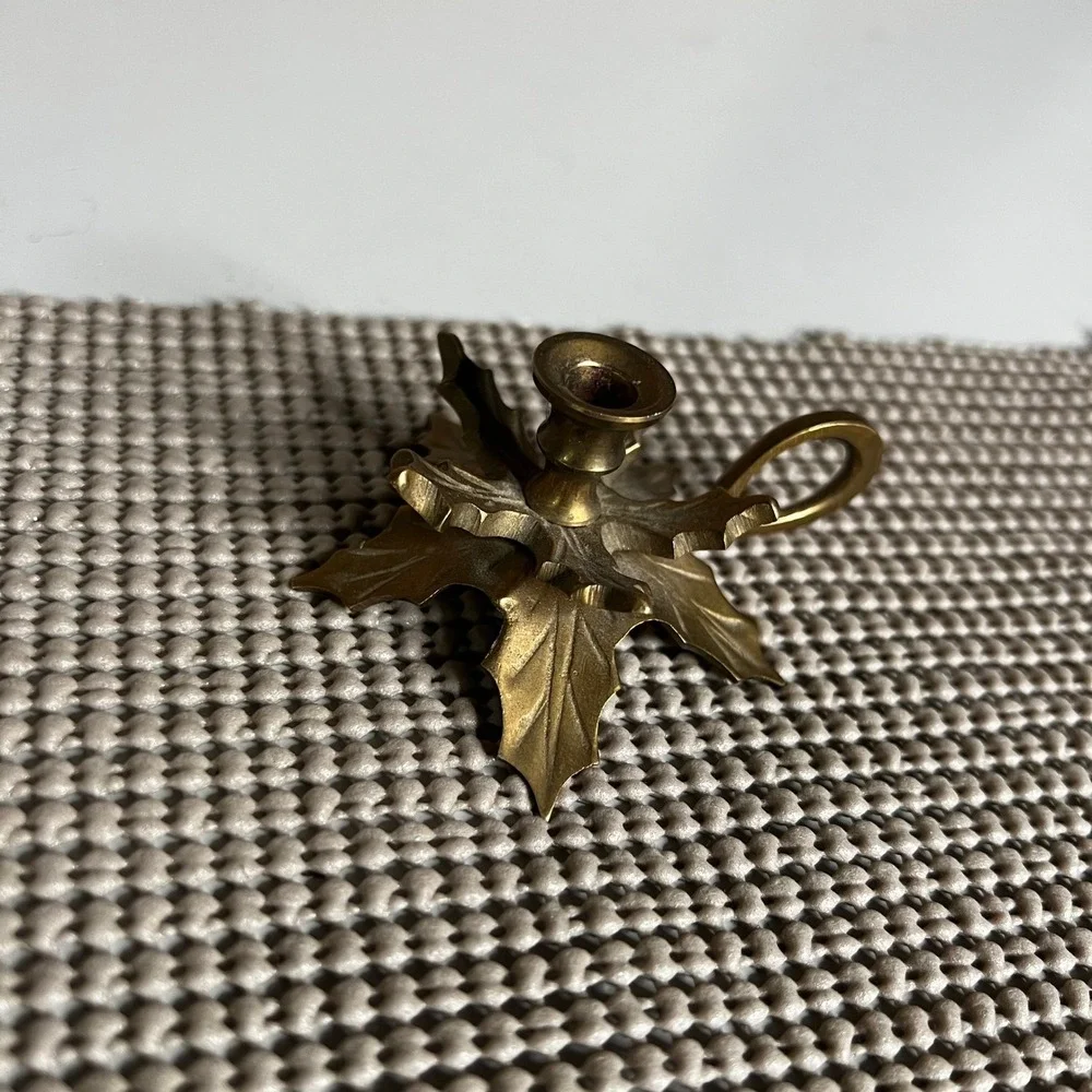 Vintage Brass Holly Leaf Taper Candle Holder Finger Loop Christmas Decor India
